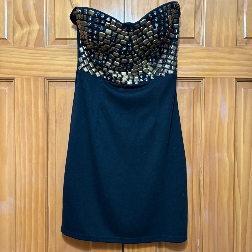 Frederick's of Hollywood Black Strapless Dress with Gold Gem on Bust Size Large